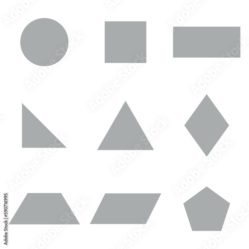 2D basic geometric shapes set. Square, right triangle, parallelogram, circle, rectangle, trapezoid, rhombus and pentagon shapes. Vector illustration isolated on white background.