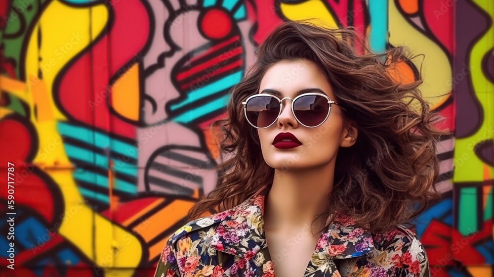Portrait of a beautiful woman wearing sun glasses on the comic pop art wall background. Bright make-up. Attractive young lady. AI generative image.