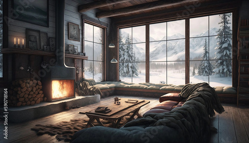 Cozy Living Room with Fireplace and Winter View