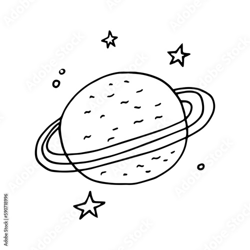 planet saturn with stars icon. vector hand drawn. sticker, poster, card. monochrome. minimalism. space, rings.