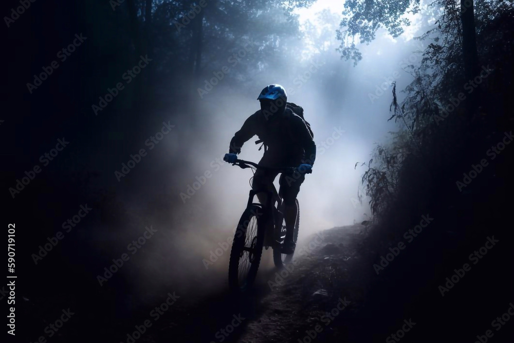 Fototapeta premium Man Mountain Biking on a Trail in Early Morning with Mist and Backlight, Generative AI