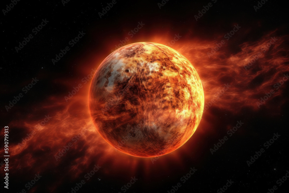 Fototapeta premium Glowing planet with red light flares