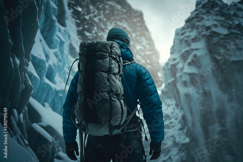 A man with a backpack prepares to ice climbing. Generative AI