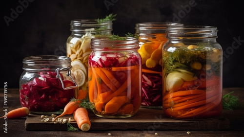 Homemade Pickled Vegetables in Jars Ready to Eat Generative AI