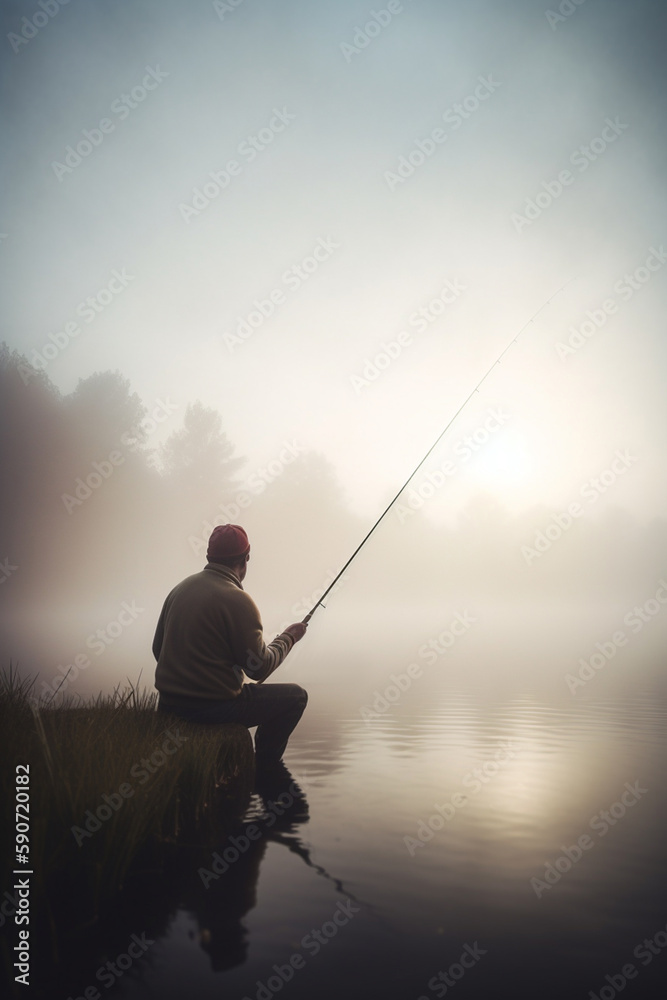 Fishing at Dawn: Angler in the misty lake with fishing rod Fishing at Dawn: Angler in the misty lake with fishing rod