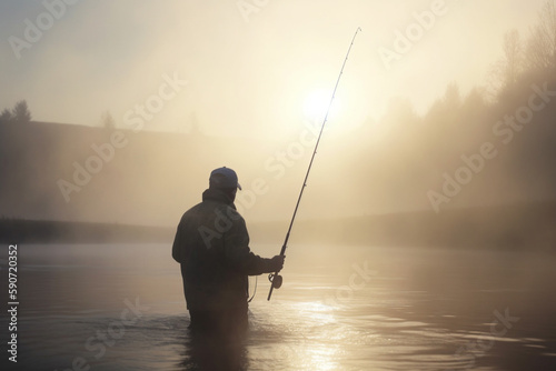 Fishing at Dawn: Angler in the misty lake with fishing rod