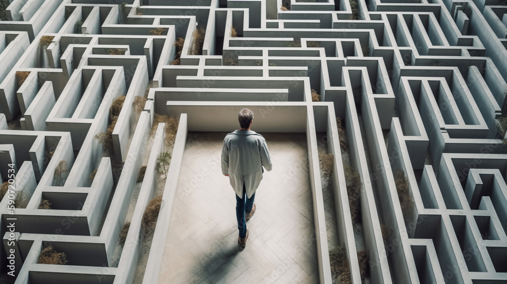 man walking through an intricate white maze man walking through an intricate white maze