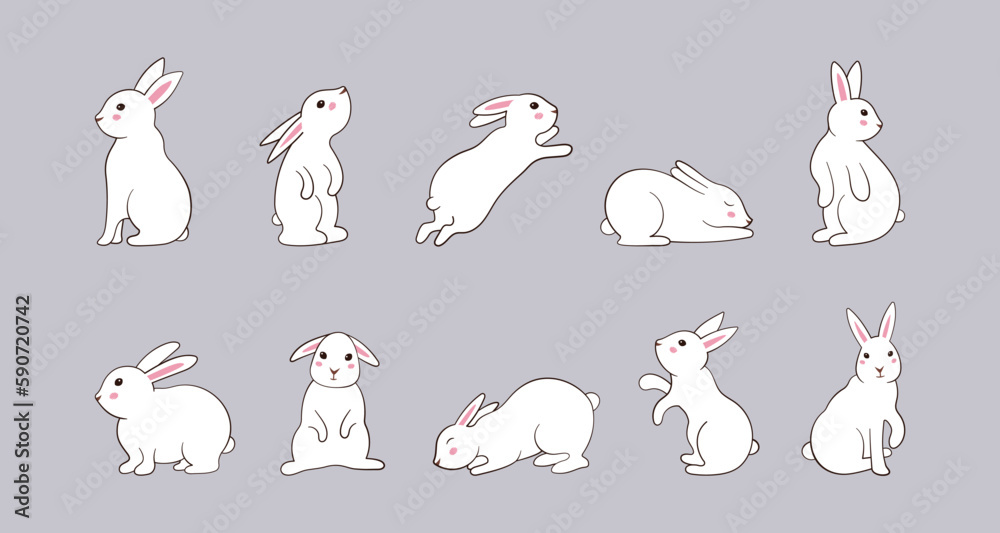 Cute doodle rabbits, white bunny characters. Sketch hand drawn line ...