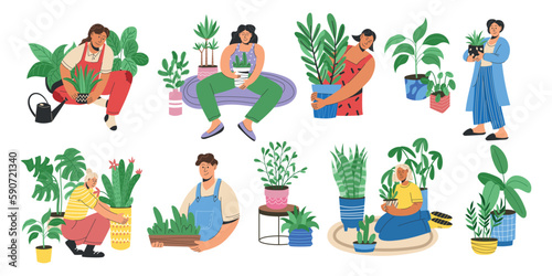 Trendy people with house plants  flowers and leaves in pots. Home garden greenery  persons grow green cactus  woman with spray. Contemporary characters. Vector garish cartoon illustration