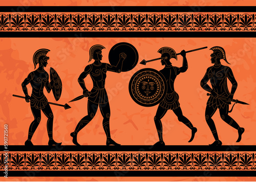 Greek mural. Sparta warriors. Athens mythology. Rome gladiators with shields and spears. Ancient civilization. Education myth. Ares and Zeus. Black silhouettes. Vector tidy history pattern