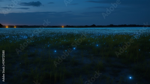 A field filled with fireflies in a summer evening. Generative AI photo