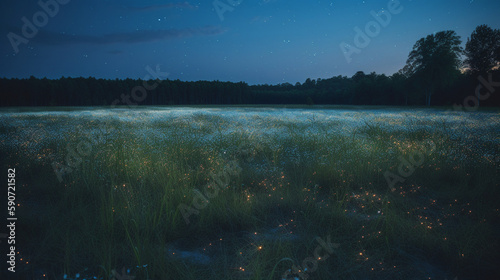 A field filled with fireflies in a summer evening. Generative AI photo