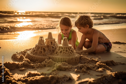 Kids making a sandcastle on a beach at sunset. Generative AI #590721593