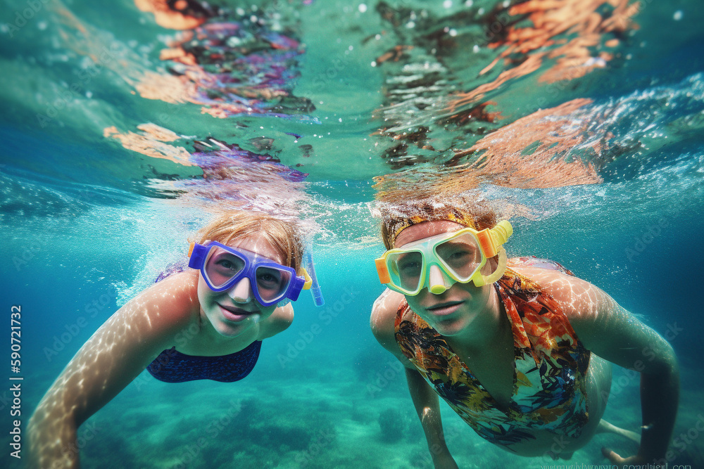 Fototapeta premium Young family having fun under water, snorkelling. Generative AI