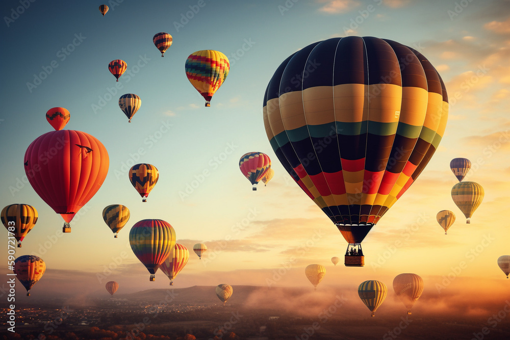 Colorful hot air ballons flying at sunset. Generative AI