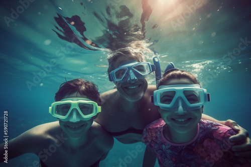 Young family having fun under water, snorkelling. Generative AI