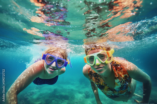 Young family having fun under water, snorkelling. Generative AI