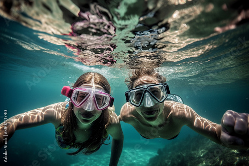 Young family having fun under water, snorkelling. Generative AI