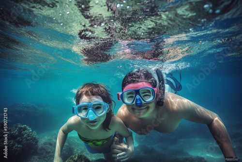 Young family having fun under water, snorkelling. Generative AI
