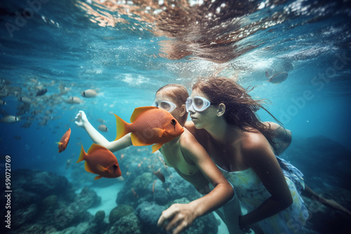 Young family having fun under water, snorkelling. Generative AI