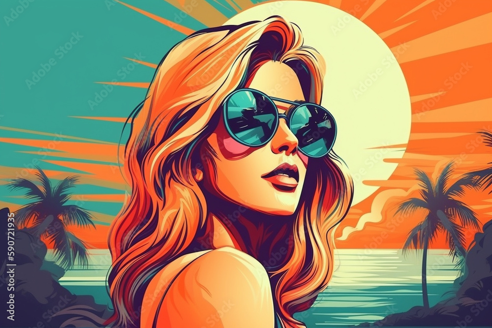 Hand drawn pop-art style illustration of a beautiful young woman with sunglasses on a tropical beach. Generative AI - obrazy, fototapety, plakaty 