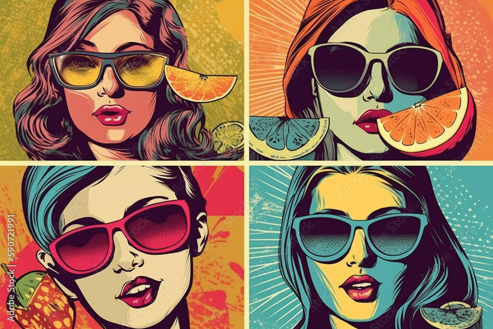 Colorful hand drawn pop-art style illustration of beautiful young girls with sunglasses. Summer theme. Generative AI