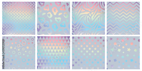 Iridescent rainbow holograms, metal background. Glitter foil gradient, sparkle silver color for unicorn paper. Decor textile, wrapping paper, wallpaper. Print for fabric. Vector neon design