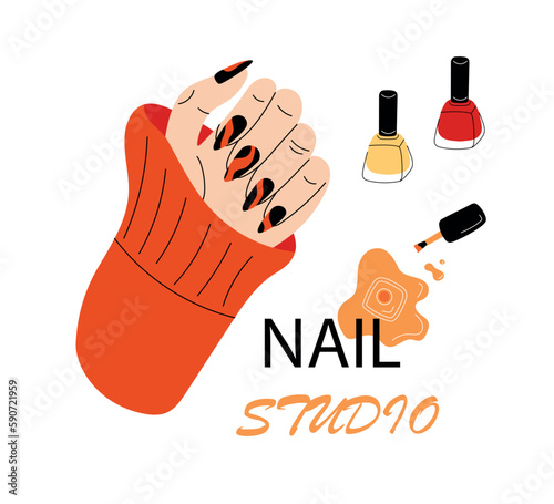 Manicure. Nail studio, female hand with creative modern design fingernails gel polish. Beauty salon service. Colorful bottles with brushes. Professional care. Vector cartoon flat illustration