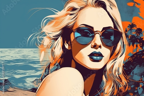 Hand drawn pop-art style illustration of a beautiful young woman with sunglasses on a tropical beach. Generative AI