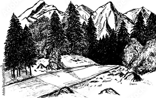 Hand drawn vector illustration of mountain and forest landscape