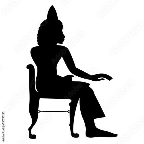 Ancient Egyptian person or pharaoh sitting on a chair. Black silhouette on white background. Isolated vector illustration.