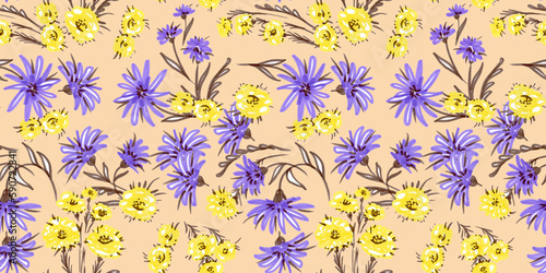 Spring Seamless Pattern. Felt pen Floral elements in doodle style. Markers Violet and yellow cornflower on Beige background. Wedding patterns