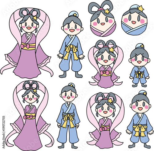 織姫と彦星を１～5頭身にデフォルメしたカラーイラストセット