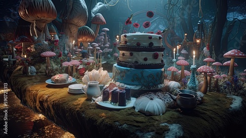 Go on a journey through the fantastical Wonderland with Alice, as you encounter curious creatures. Generated by AI.