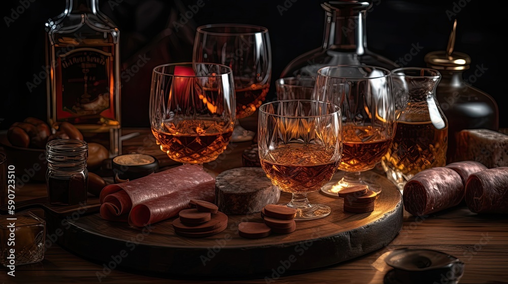 A night of masculine elegance and refinement, with a whiskey tasting experience featuring the finest aged spirits. Generated by AI.