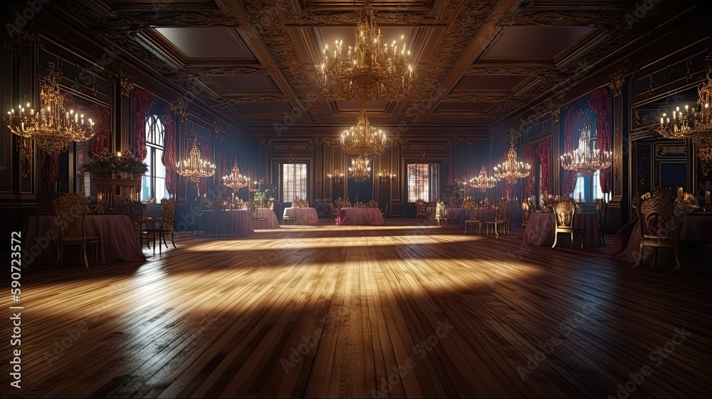 A luxurious masquerade ballroom with intricate masks, elegant chandeliers. Generated by AI.