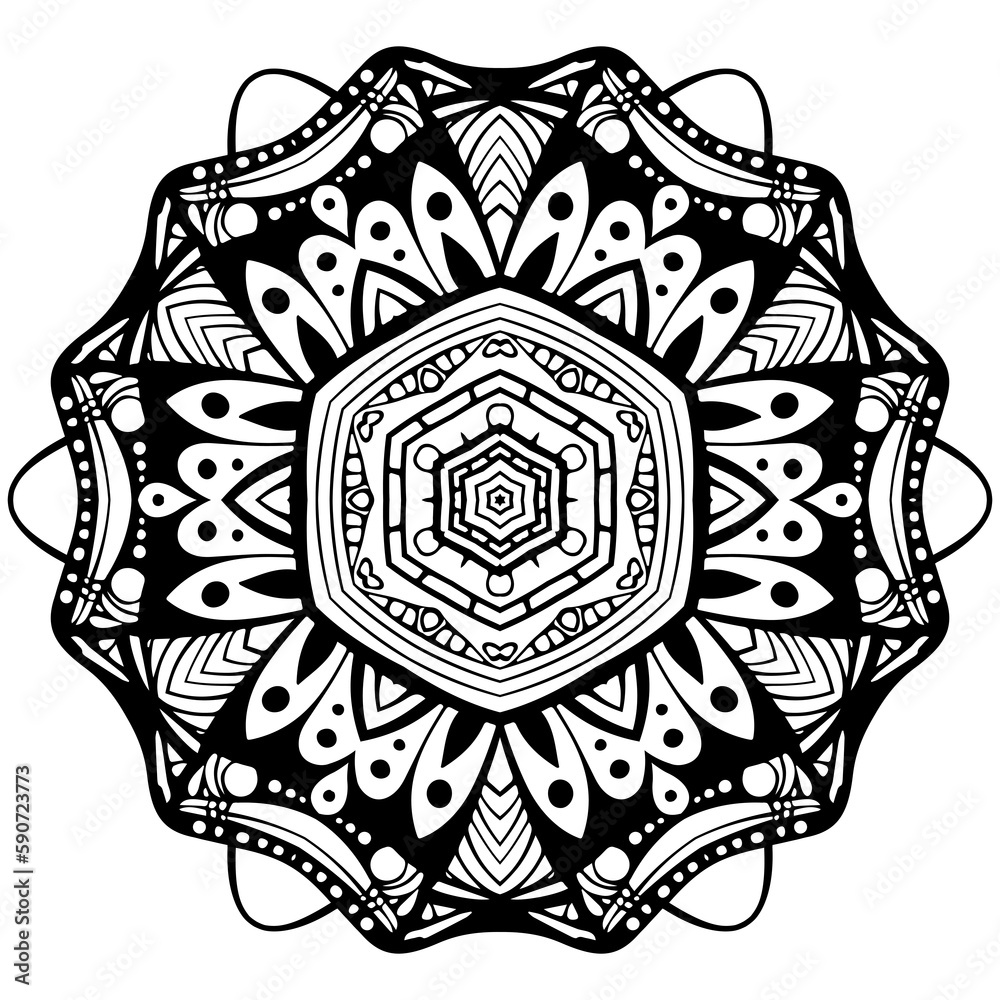 Floral filigree mandala for coloring book, circle mehndi ornament, psychedelic illustration, black line art on white background