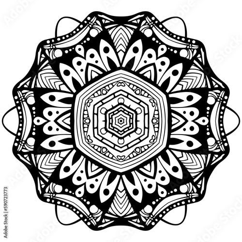 Floral filigree mandala for coloring book, circle mehndi ornament, psychedelic illustration, black line art on white background
