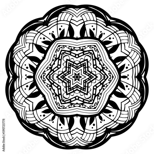 Floral filigree mandala for coloring book, circle mehndi ornament, psychedelic illustration, black line art on white background