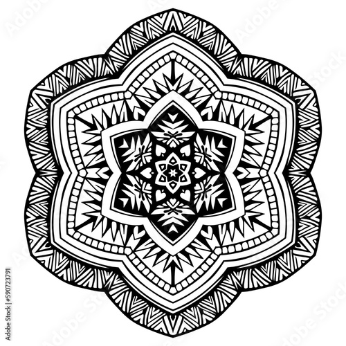 Floral filigree mandala for coloring book, circle mehndi ornament, psychedelic illustration, black line art on white background
