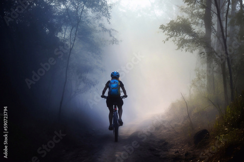 Woman Mountain Biking on a Trail in Early Morning with Mist and Backlight, Generative AI