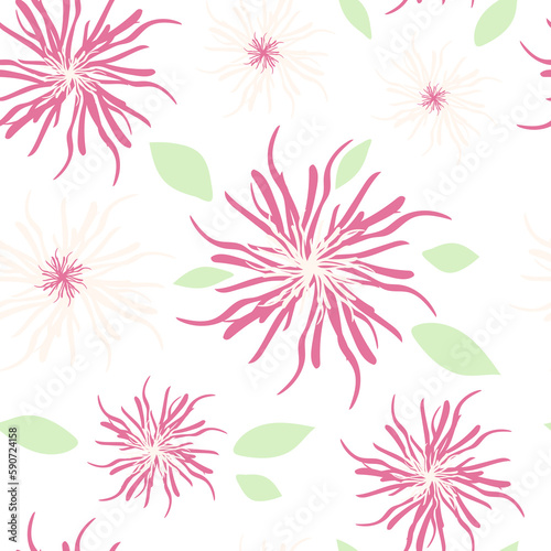 Modern art abstract pink flowers and green leaves on a white background. Seamless botanical pattern for fashion fabrics. 