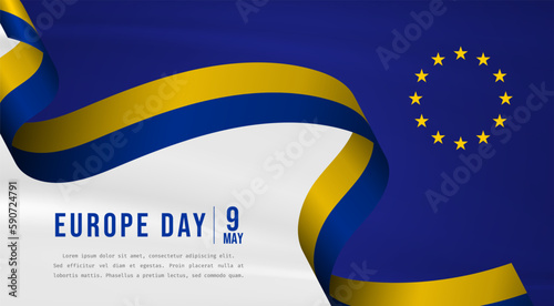 Banner illustration of Europe day celebration with text space. Waving flag and hands clenched. Vector illustration.