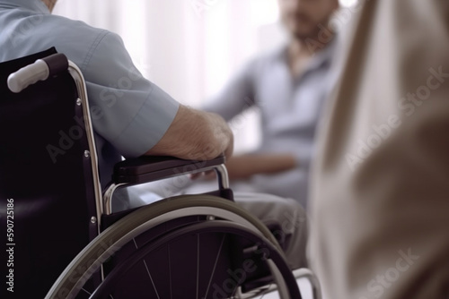 Doctor and patient in wheelchair discussing medical treatment