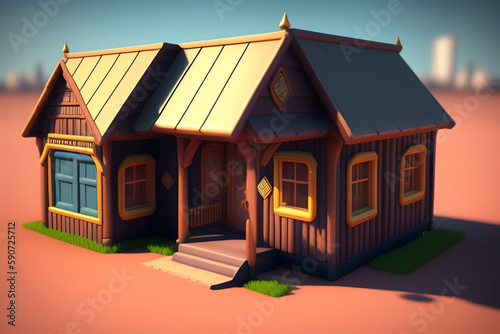 A cartoon-style house with a blue roof and a blue roof. Generative Ai