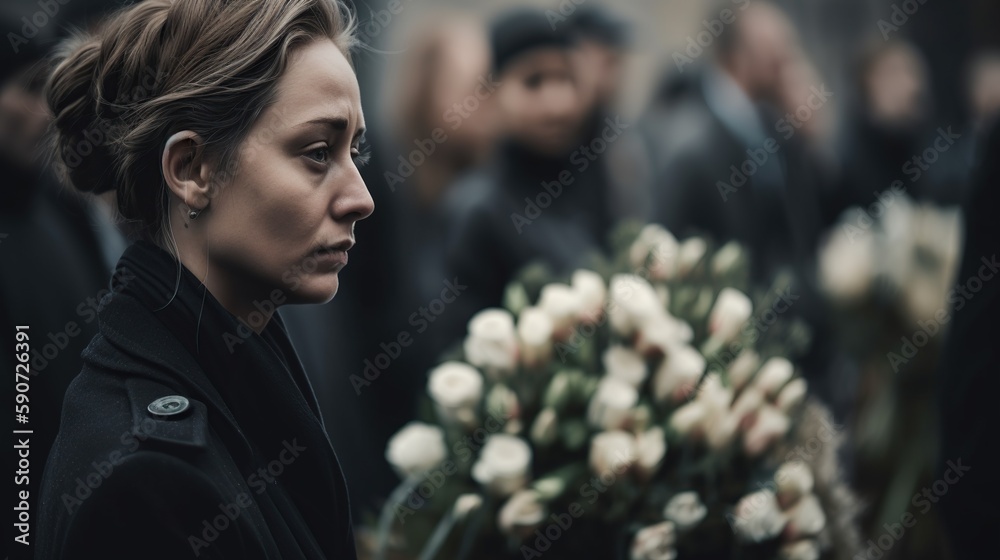 Portrait of beautiful sad woman wearing black clothes at funeral scene. Gloomy weather outdoor background. AI generative image. - obrazy, fototapety, plakaty 