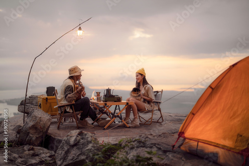 Asian couple sweet in tent inside on they camping trip