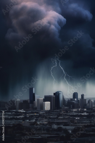 Financial Storm  City Skyline during Bank Run with Thunder and Lightning