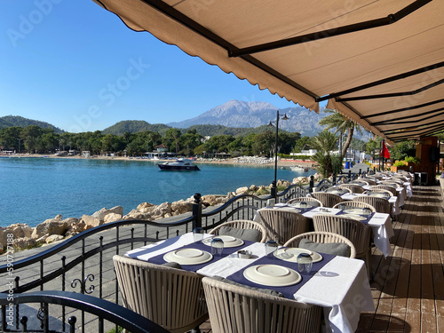 Empty summer cafe on hill with sea beach view in sunny day,Antalya Turkey