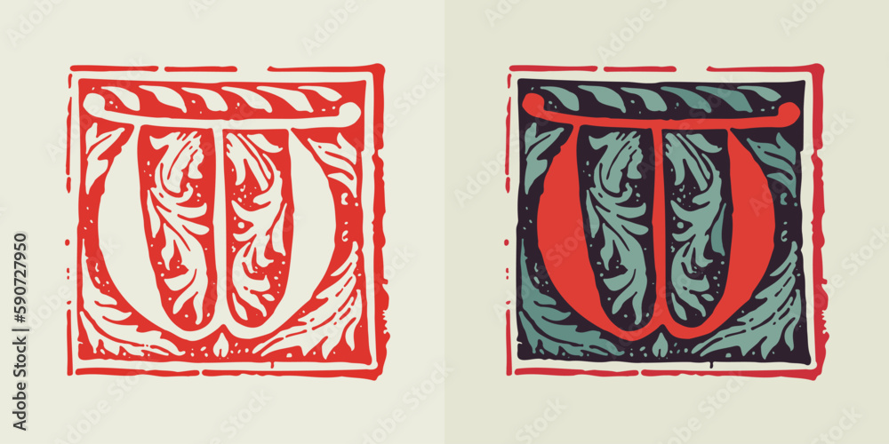 W letter medieval gothic initial. Blackletter style drop cap logo. Dim colored and monochrome square shaped illuminated calligraphy.